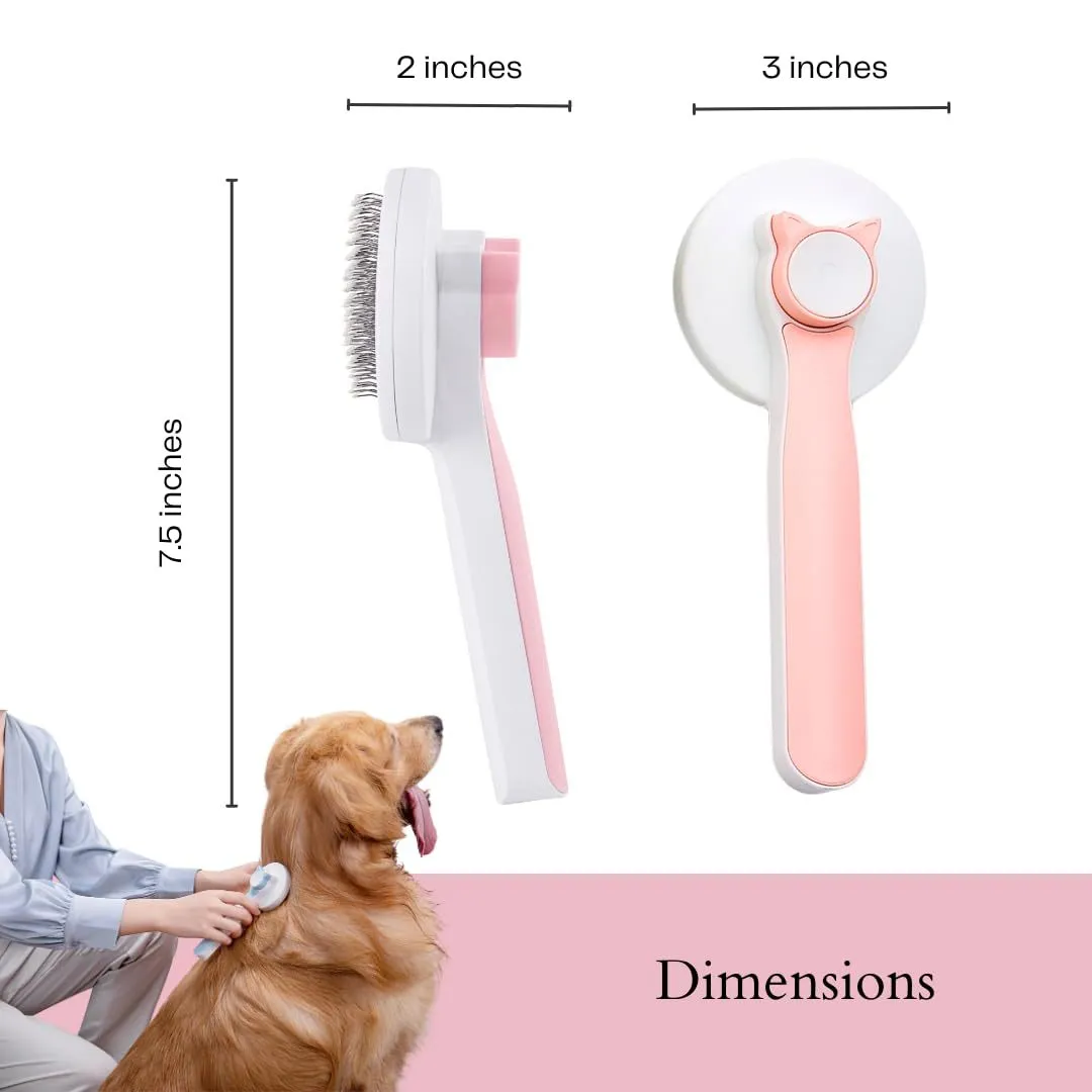 Blue self-cleaning slicker brush for dogs and cats with rubber handle and stainless steel pins.
