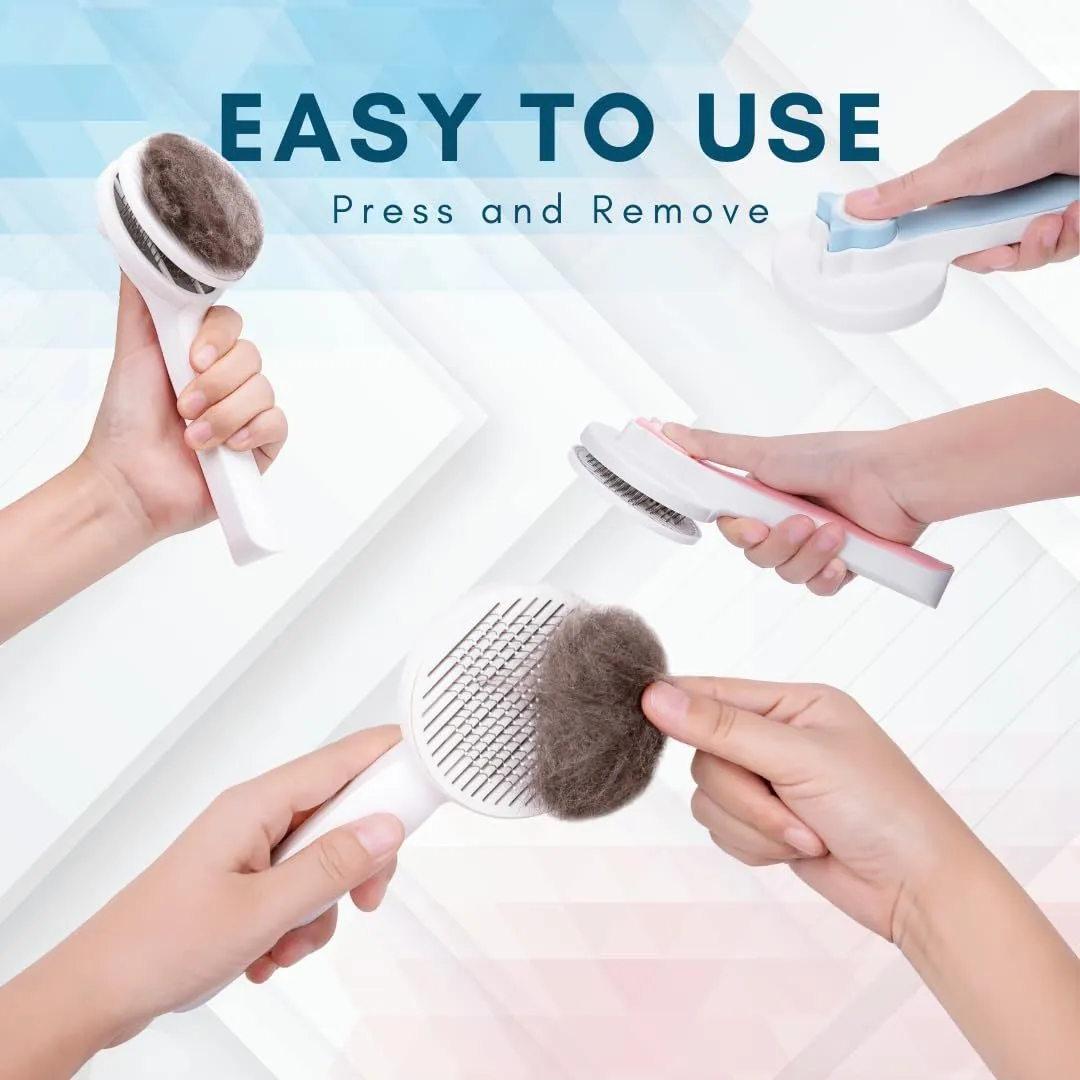 Blue self-cleaning slicker brush for dogs and cats with rubber handle and stainless steel pins.
