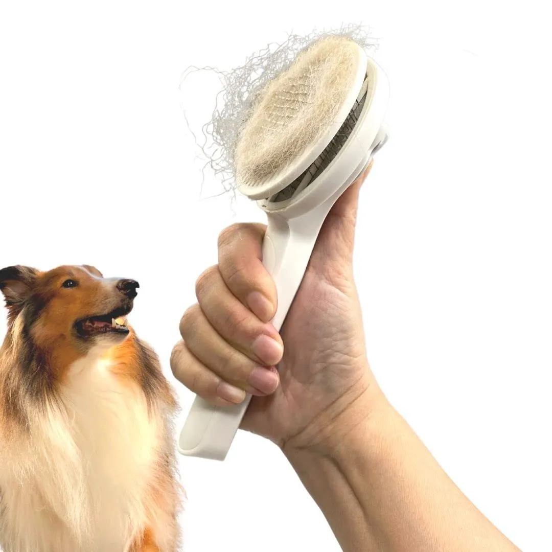 Blue self-cleaning slicker brush for dogs and cats with rubber handle and stainless steel pins.