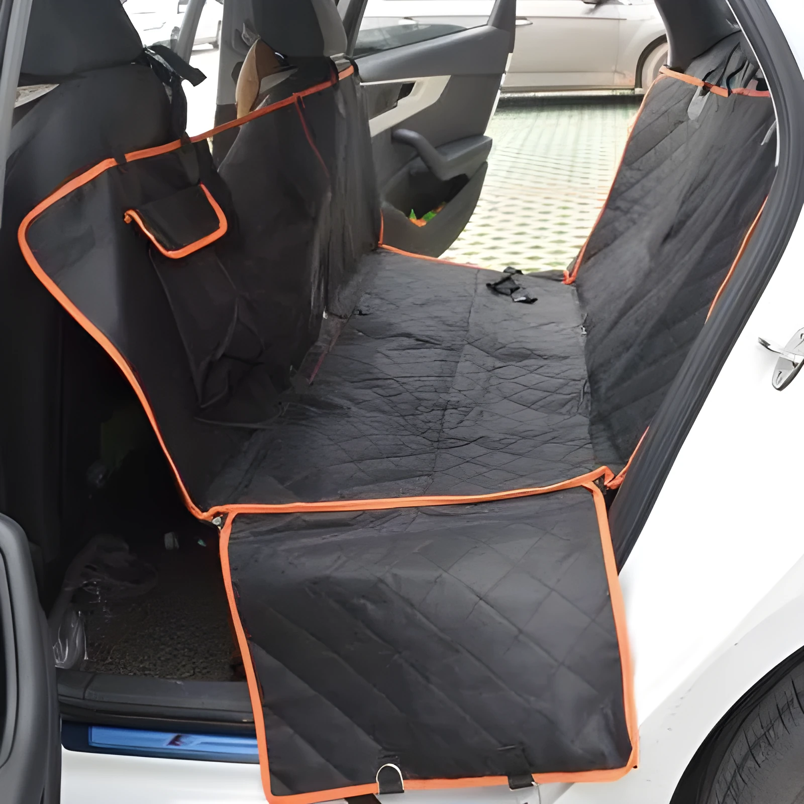 Black 600D Oxford cloth pet car seat cover with orange edge on rear bench