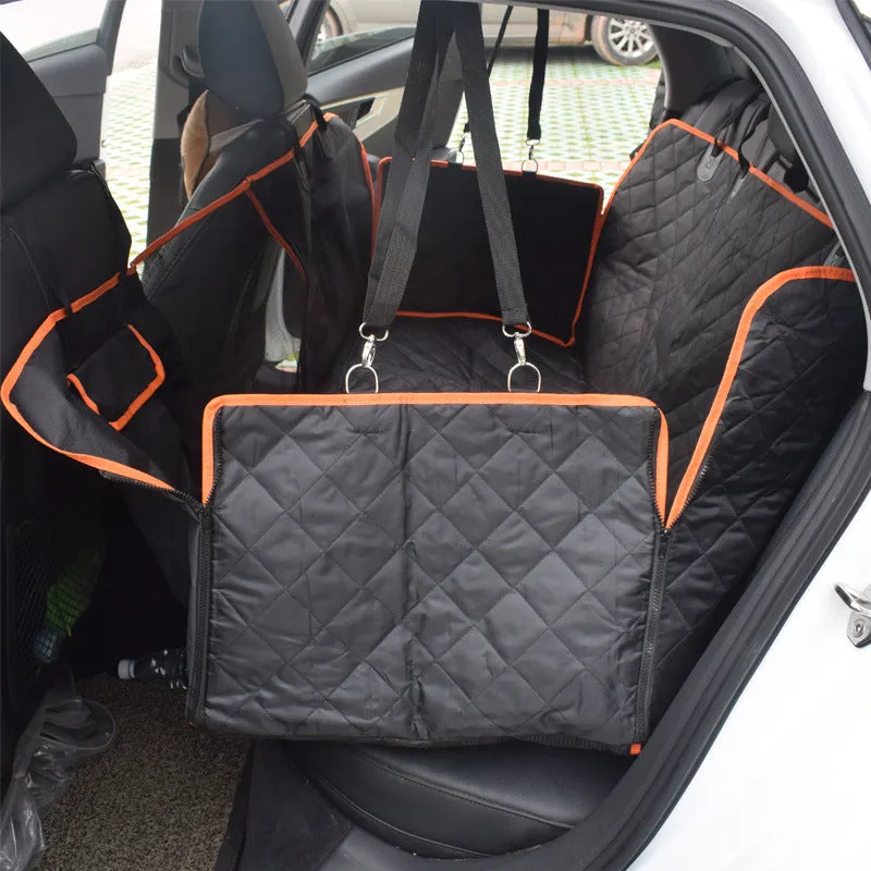 Black 600D Oxford cloth pet car seat cover with orange edge on rear bench