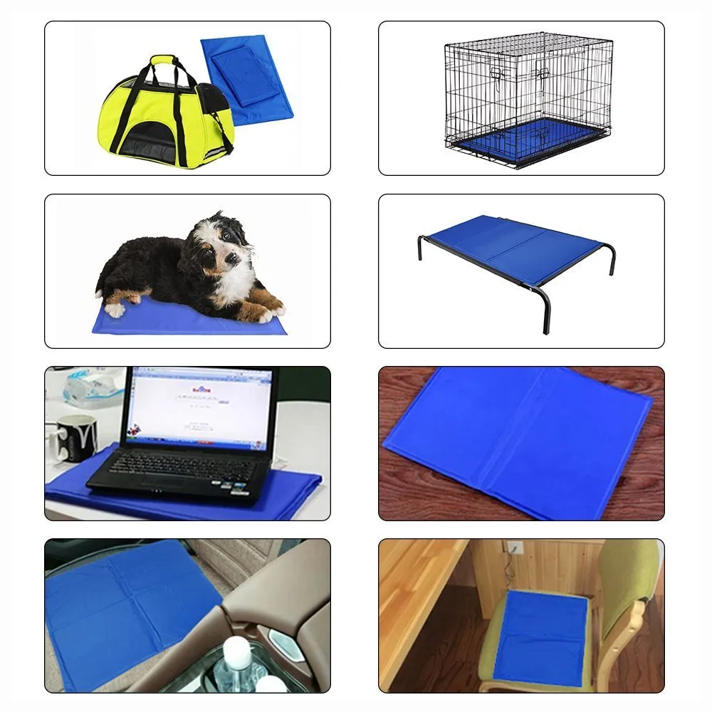 Blue dog cooling mat with ice crystal filling placed on a floor - pressure activated cooling pad for summer