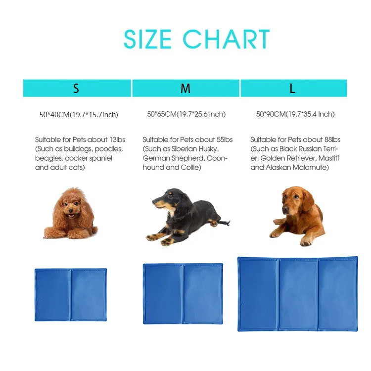 Blue dog cooling mat with ice crystal filling placed on a floor - pressure activated cooling pad for summer