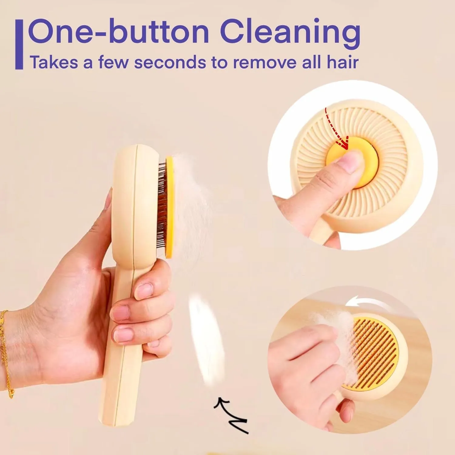 Blue and yellow pet grooming brush with angled metal needles and a self-cleaning button on the handle.