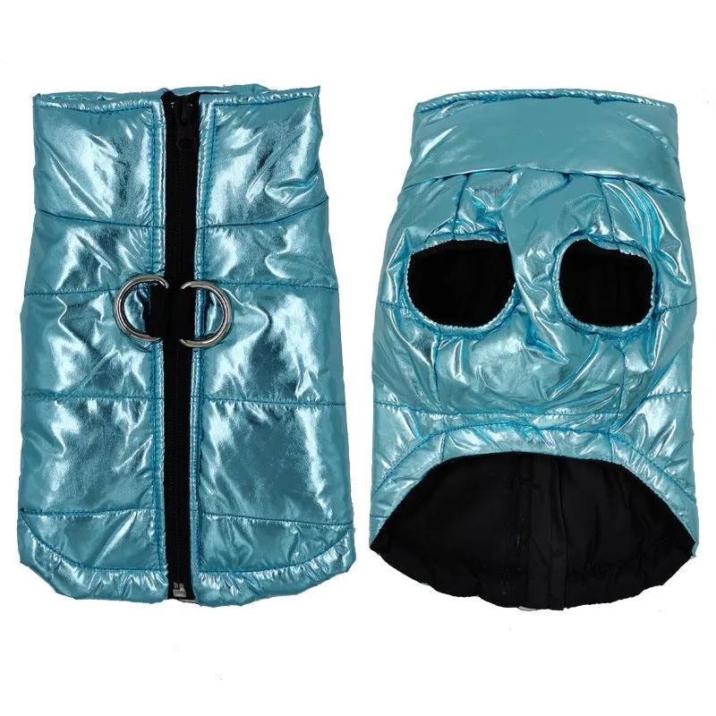 Bright blue cotton waterproof dog vest with snap fasteners, front view, for medium-sized dogs