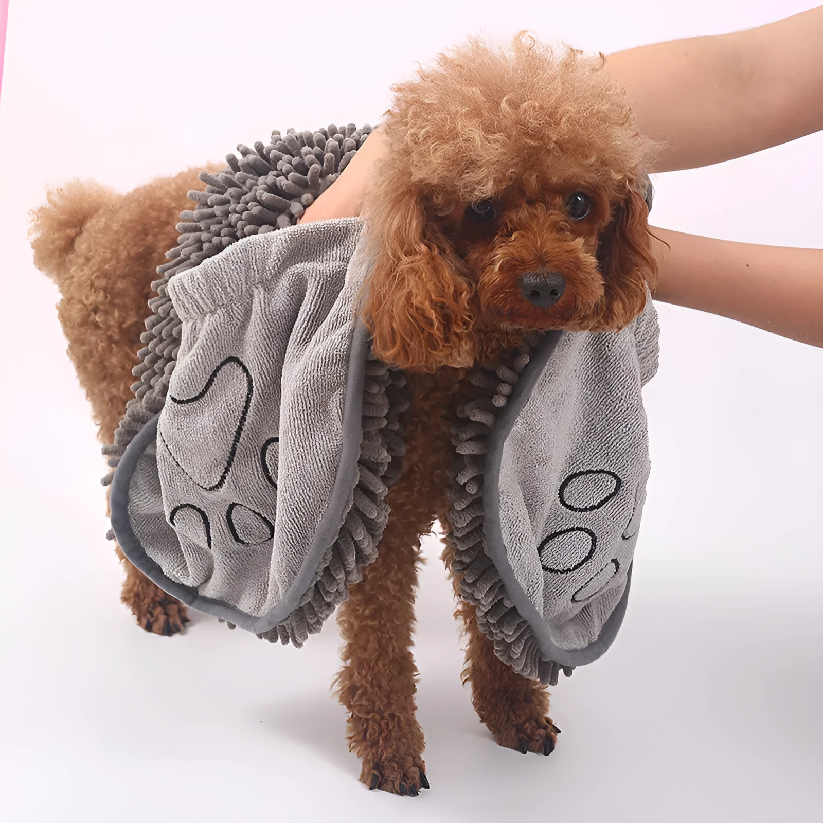 Grey pet scrubbing towel glove made of absorbent fibre, 35x80cm size, for cats and dogs