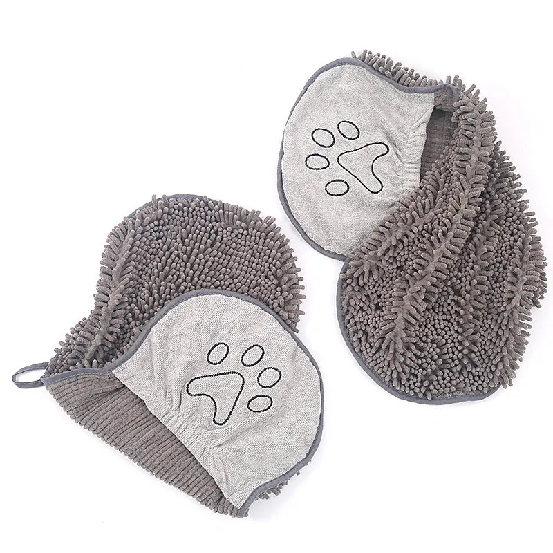 Grey pet scrubbing towel glove made of absorbent fibre, 35x80cm size, for cats and dogs