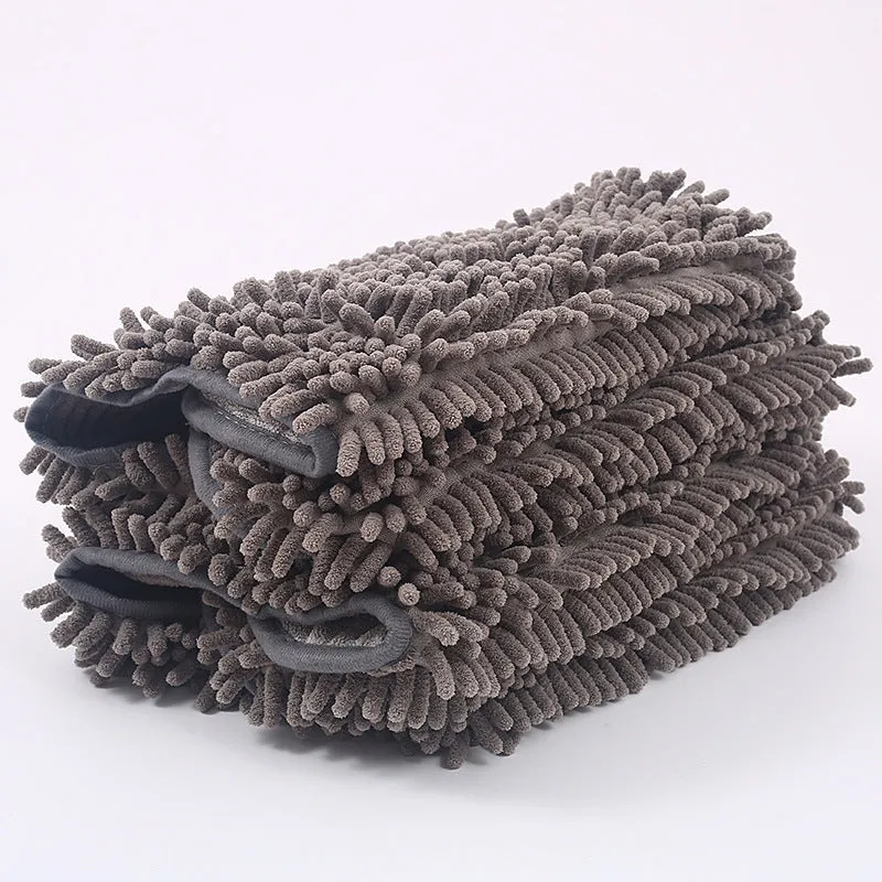 Grey pet scrubbing towel glove made of absorbent fibre, 35x80cm size, for cats and dogs