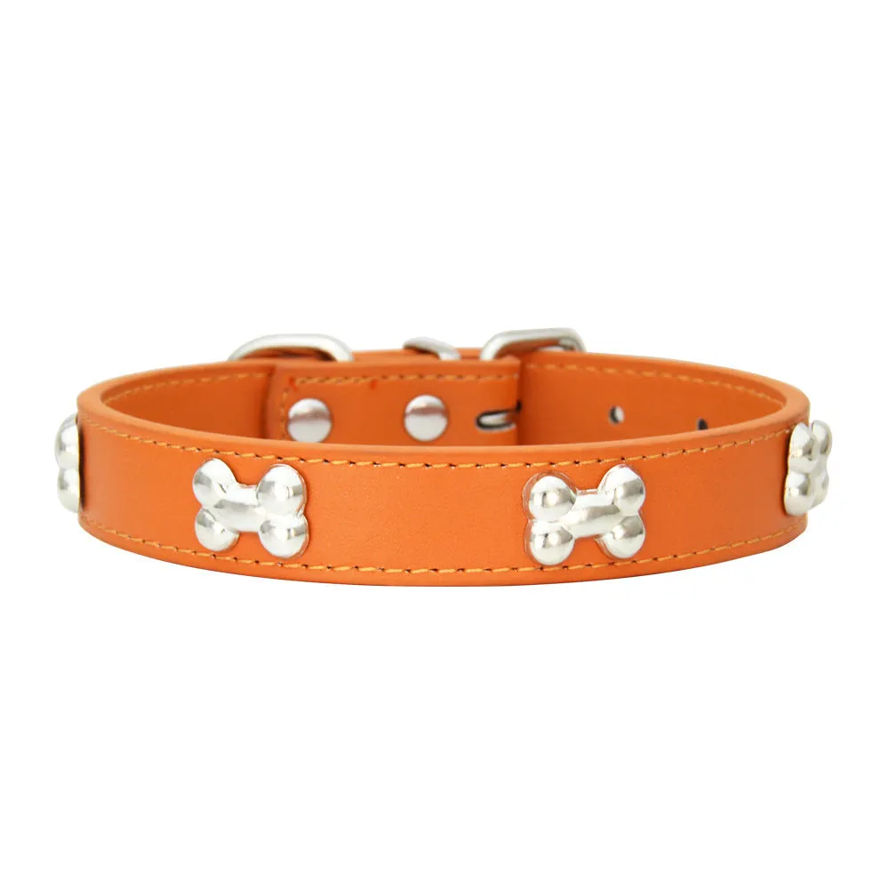 Adjustable PU leather dog collar with alloy bone buckle in a range of colours and sizes