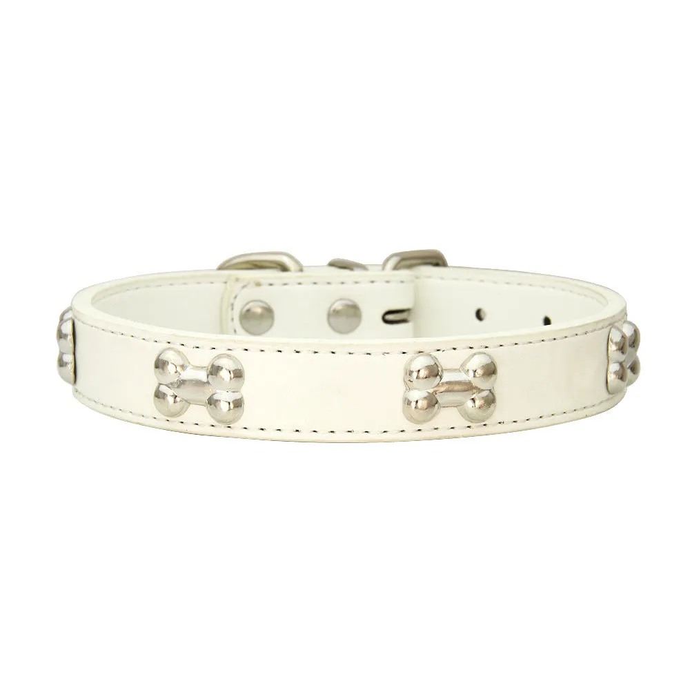 Adjustable PU leather dog collar with alloy bone buckle in a range of colours and sizes