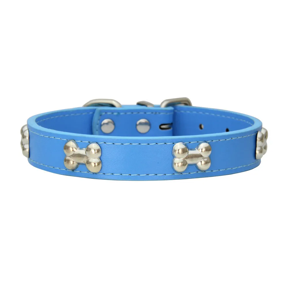 Adjustable PU leather dog collar with alloy bone buckle in a range of colours and sizes