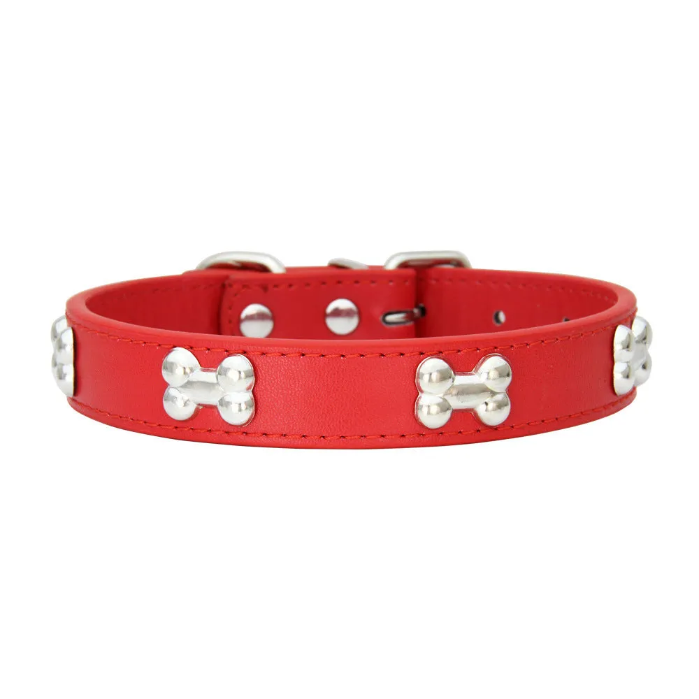 Adjustable PU leather dog collar with alloy bone buckle in a range of colours and sizes