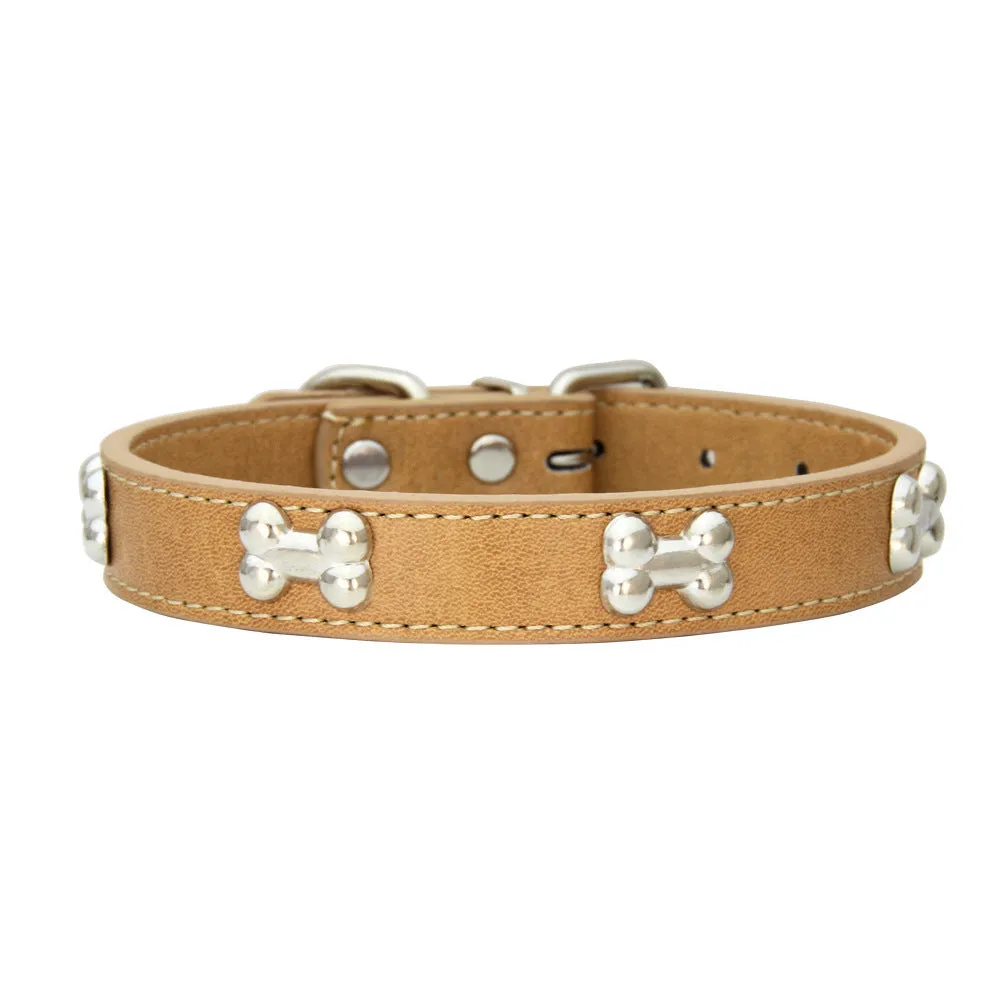 Adjustable PU leather dog collar with alloy bone buckle in a range of colours and sizes