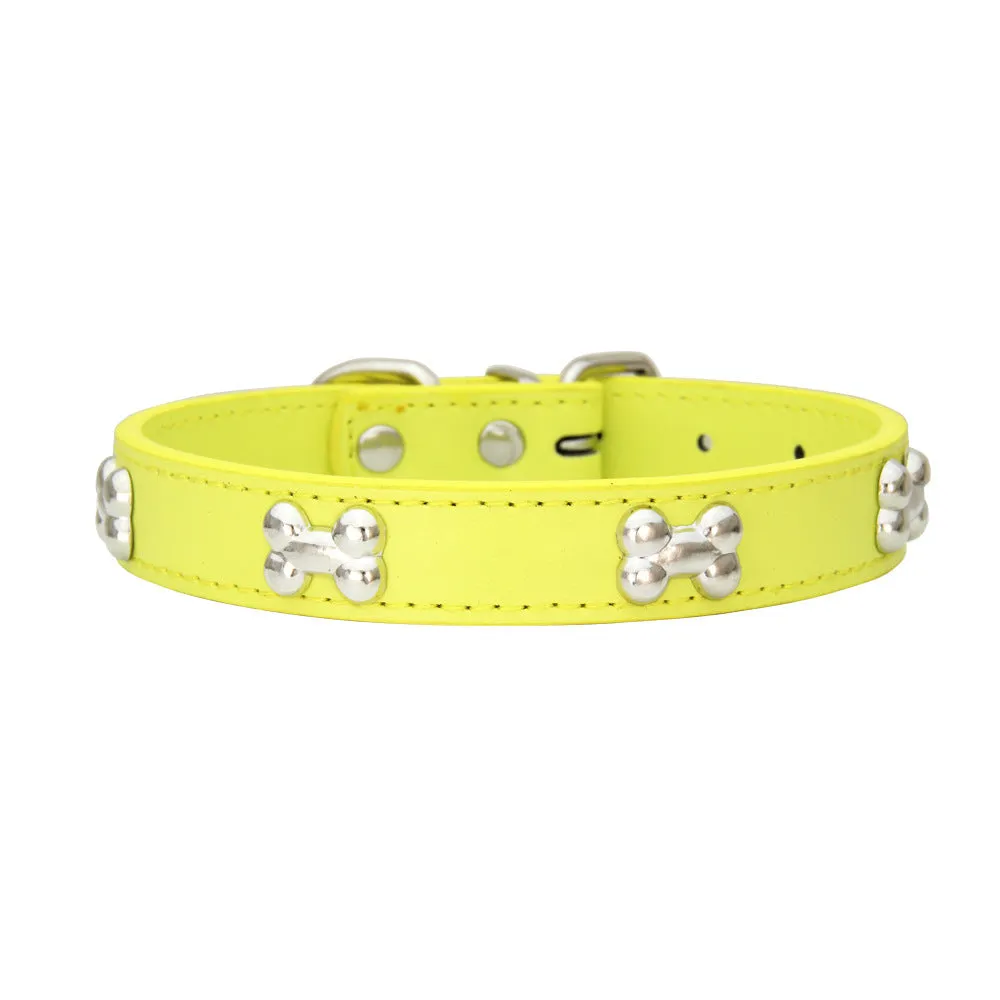 Adjustable PU leather dog collar with alloy bone buckle in a range of colours and sizes