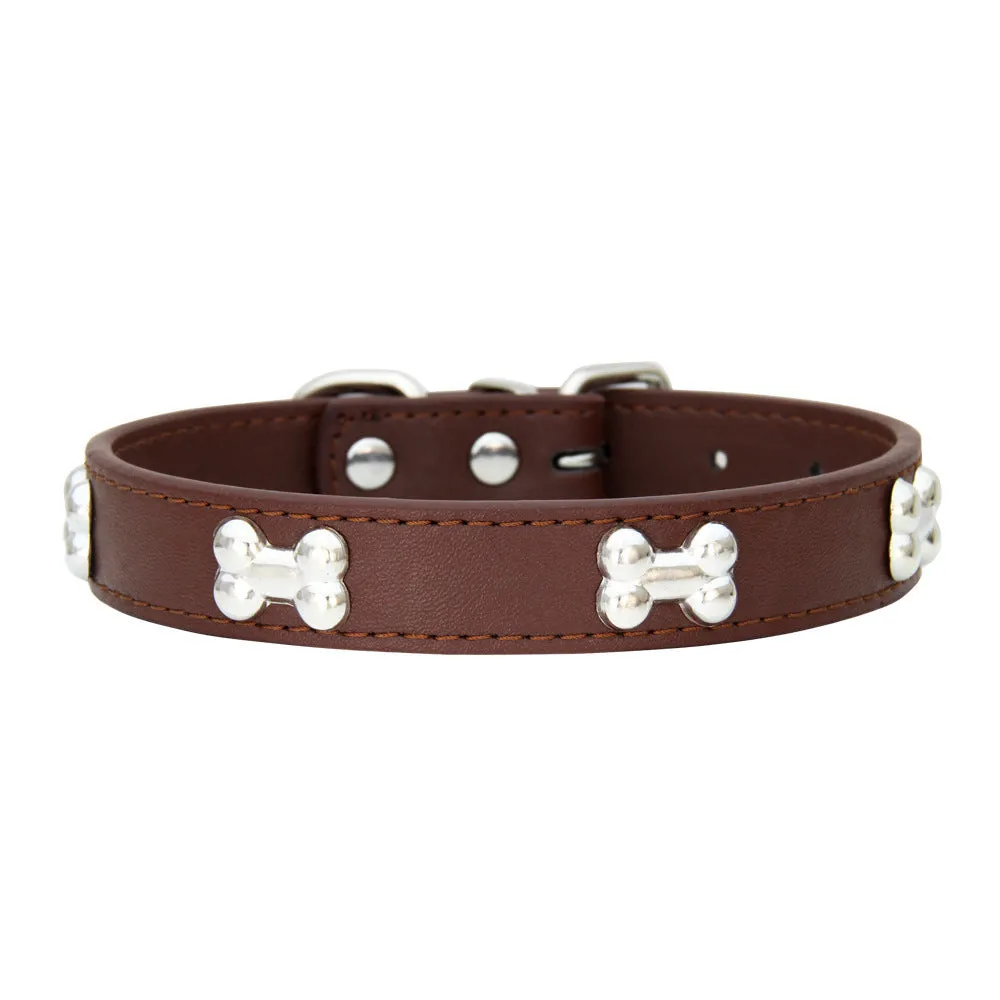 Adjustable PU leather dog collar with alloy bone buckle in a range of colours and sizes