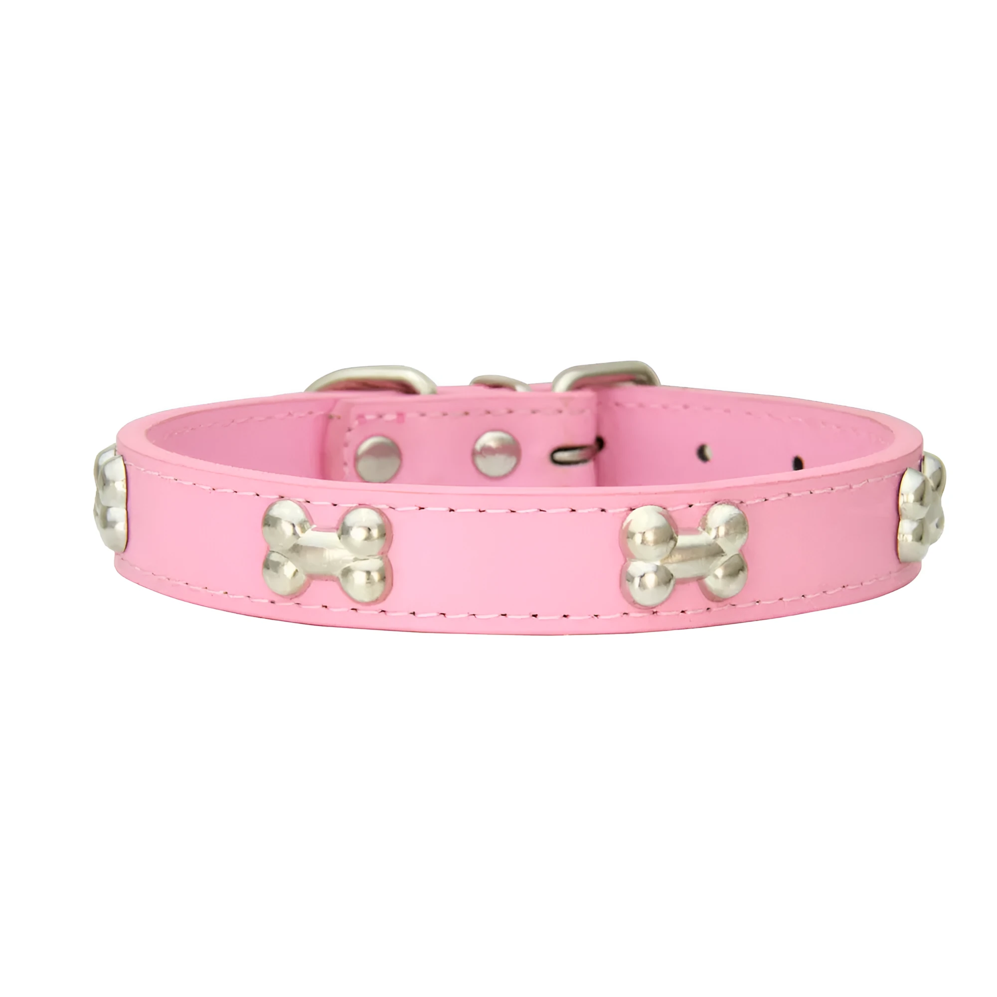 Adjustable PU leather dog collar with alloy bone buckle in a range of colours and sizes