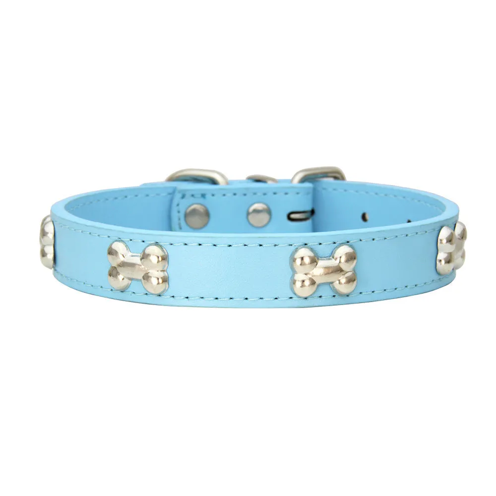 Adjustable PU leather dog collar with alloy bone buckle in a range of colours and sizes