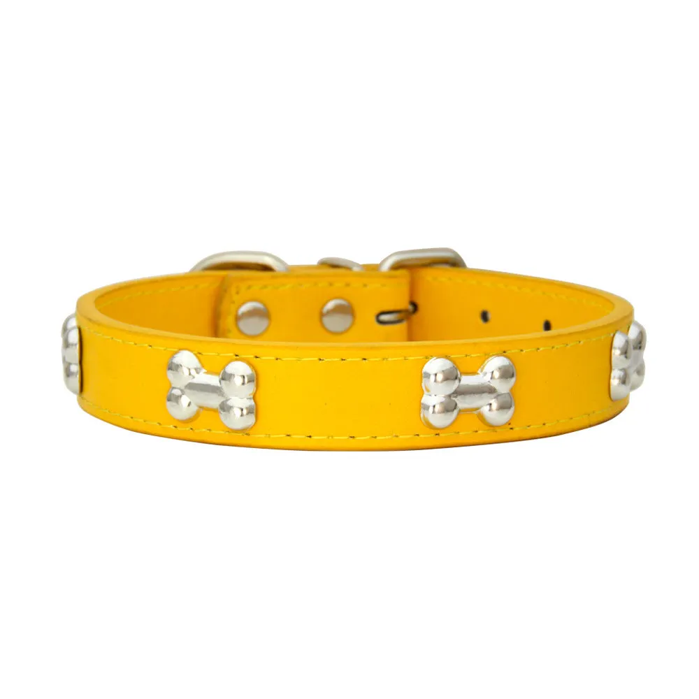 Adjustable PU leather dog collar with alloy bone buckle in a range of colours and sizes