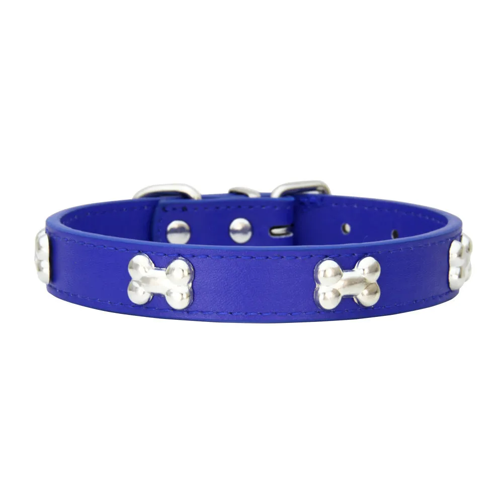 Adjustable PU leather dog collar with alloy bone buckle in a range of colours and sizes