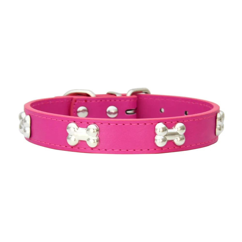 Adjustable PU leather dog collar with alloy bone buckle in a range of colours and sizes