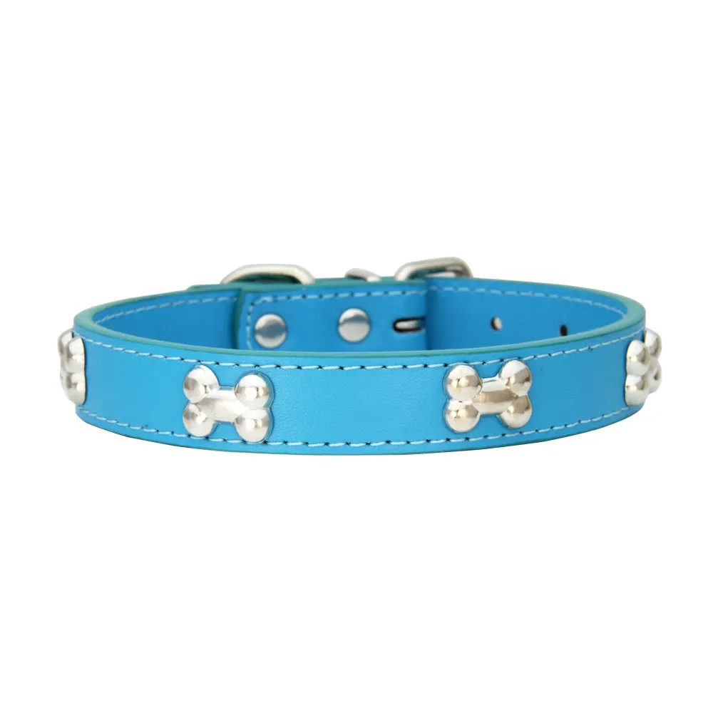 Adjustable PU leather dog collar with alloy bone buckle in a range of colours and sizes