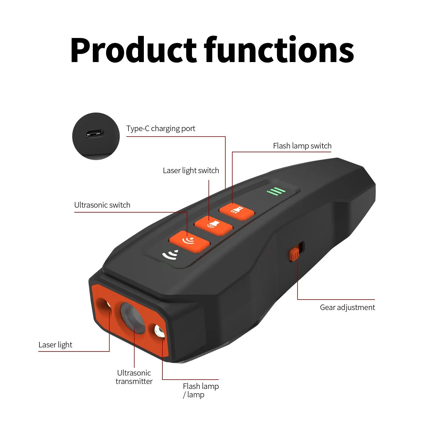 Ultrasound bark stopper in black orange colour, rechargeable plastic device for dog barking prevention