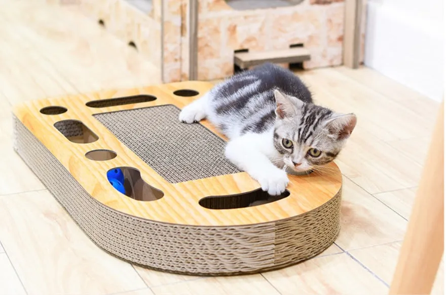 Brown corrugated cat scratch board with attached ball measuring 50.5x30.5x6cm