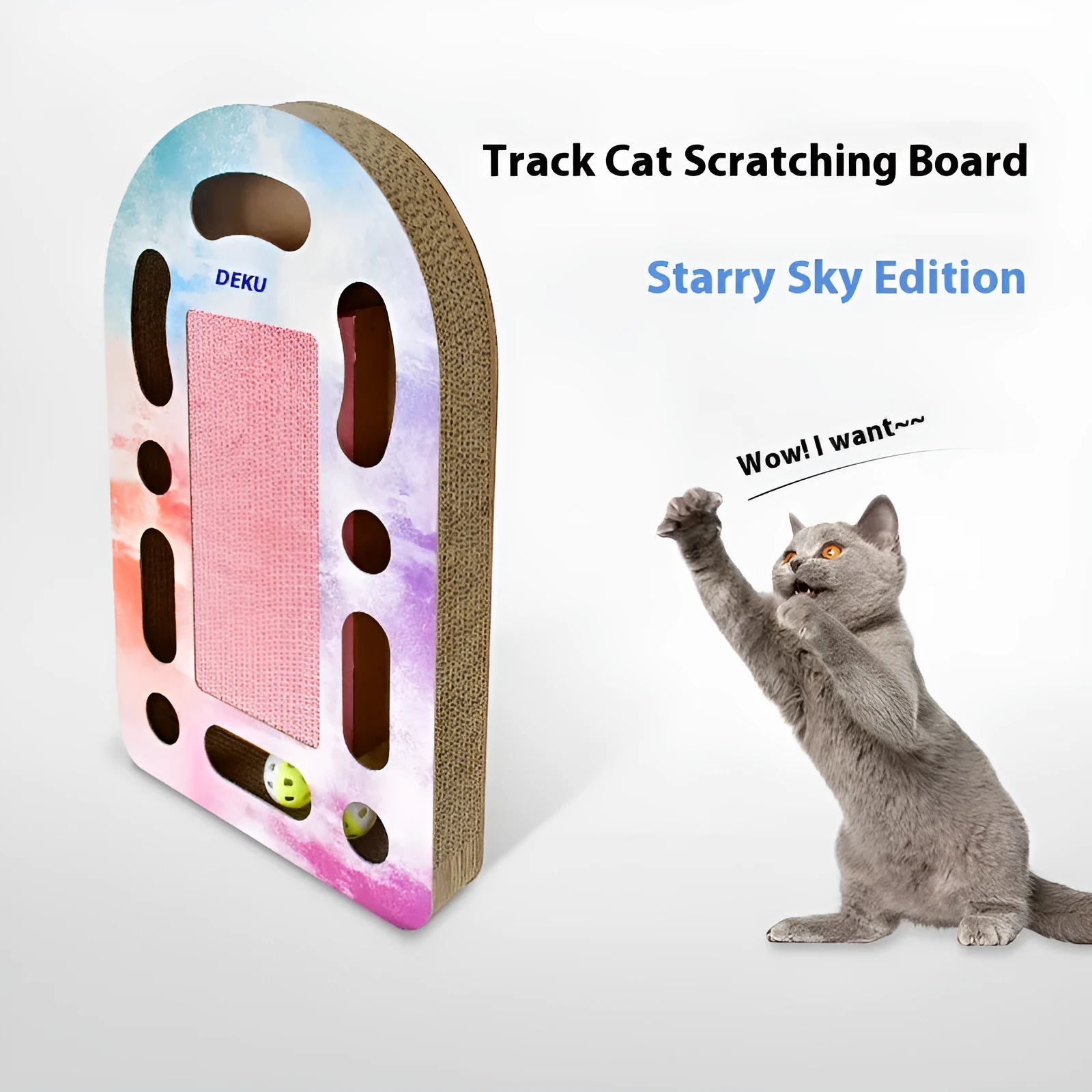 Brown corrugated cat scratch board with attached ball measuring 50.5x30.5x6cm