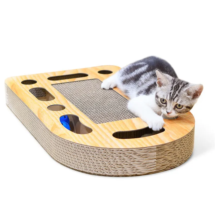 Brown corrugated cat scratch board with attached ball measuring 50.5x30.5x6cm