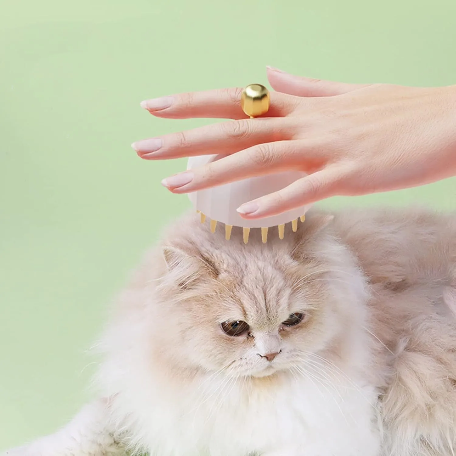 Four pet shampoo massage brushes in green, pink, and white colours with double-sided design and drain holes