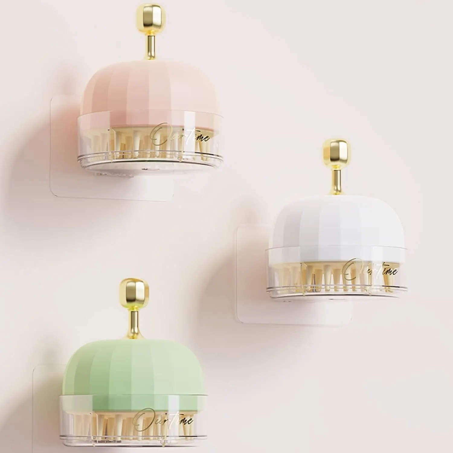 Four pet shampoo massage brushes in green, pink, and white colours with double-sided design and drain holes
