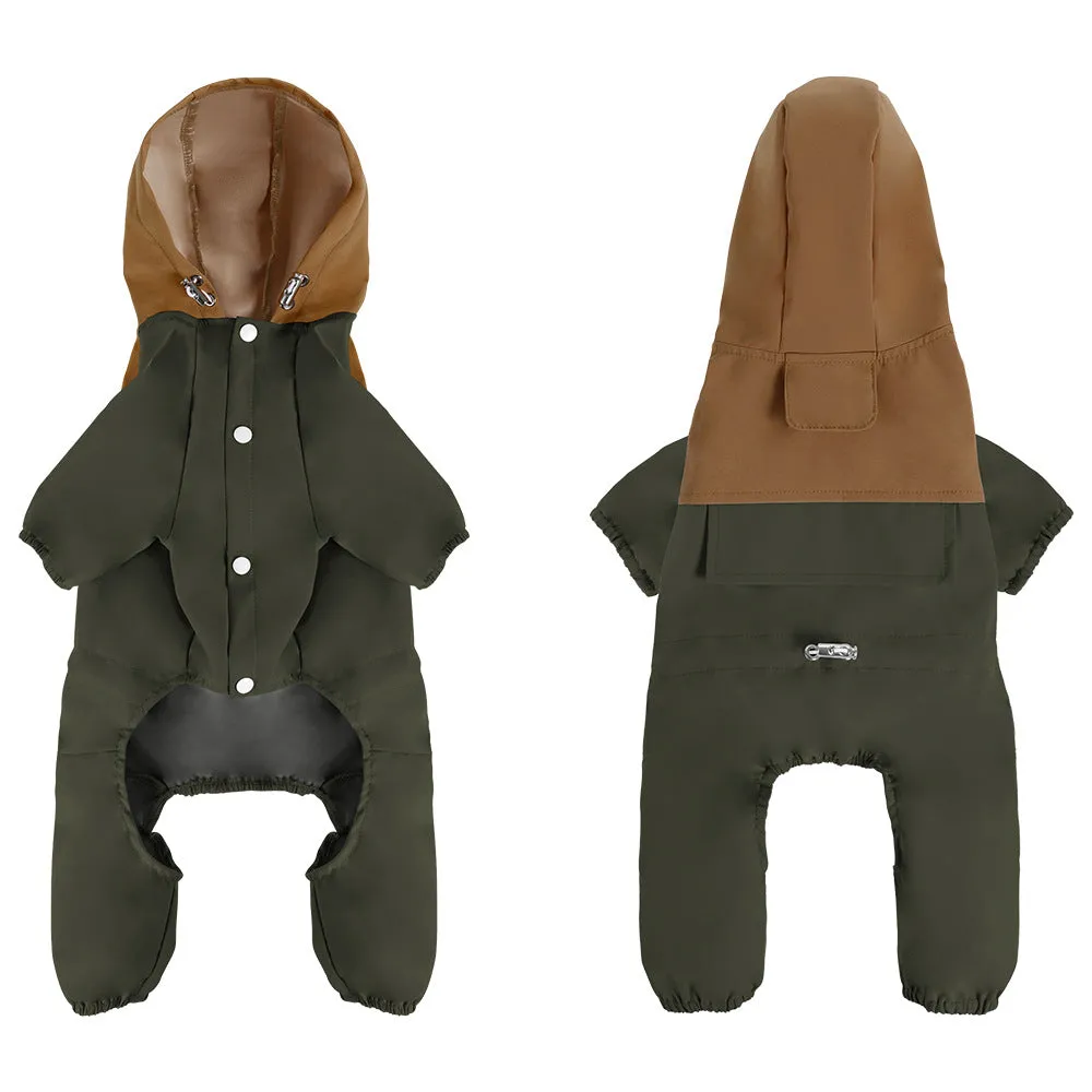 British style khaki polyester waterproof and dustproof shell jacket for a small dog.