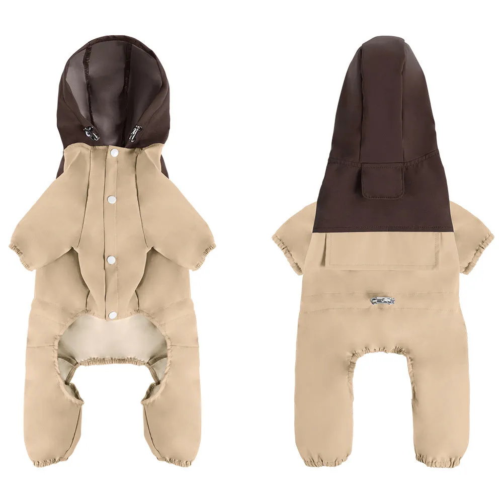 British style khaki polyester waterproof and dustproof shell jacket for a small dog.