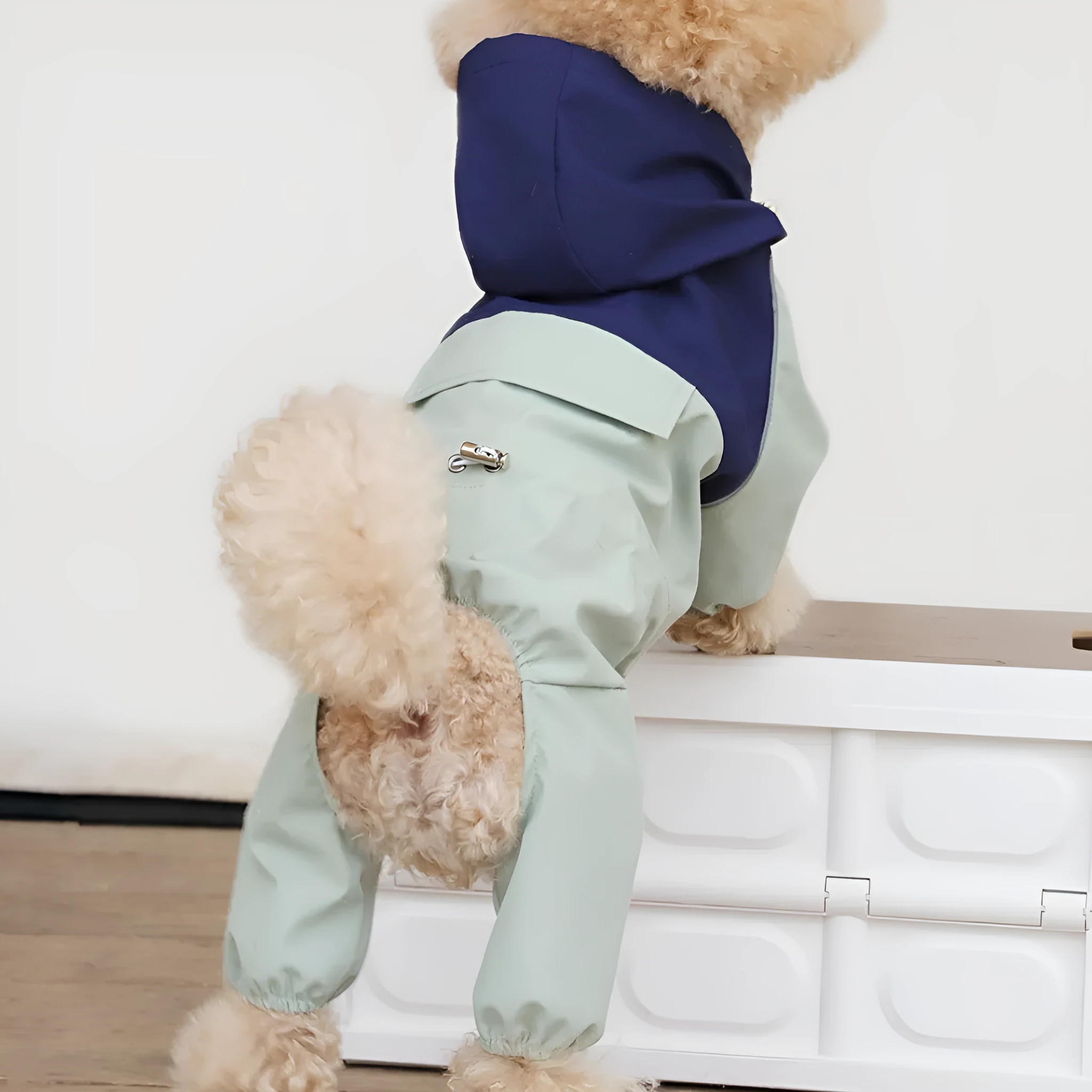 British style khaki polyester waterproof and dustproof shell jacket for a small dog.