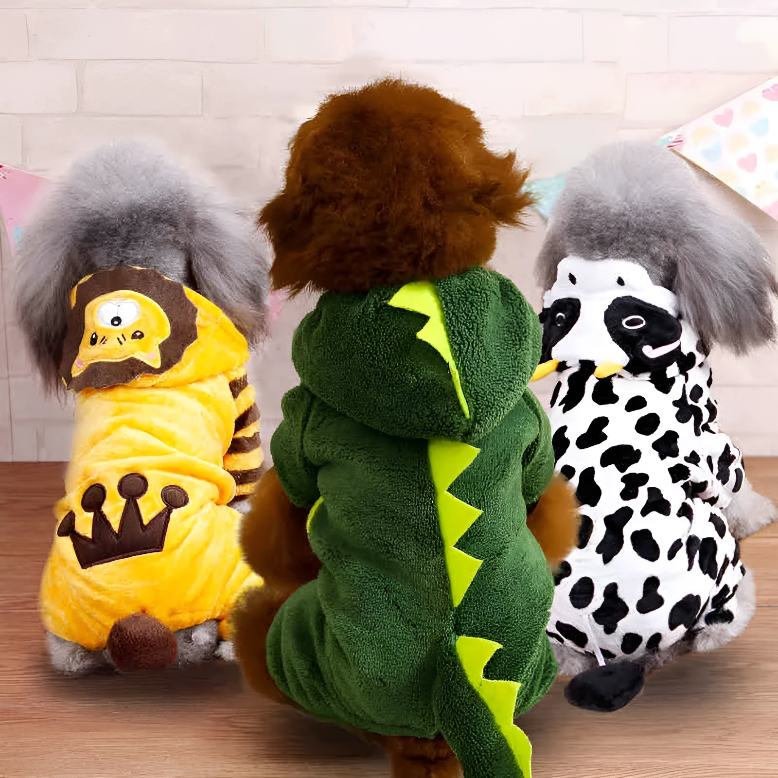 Coral fleece dog costume four-legged cartoon dinosaur style on a dog