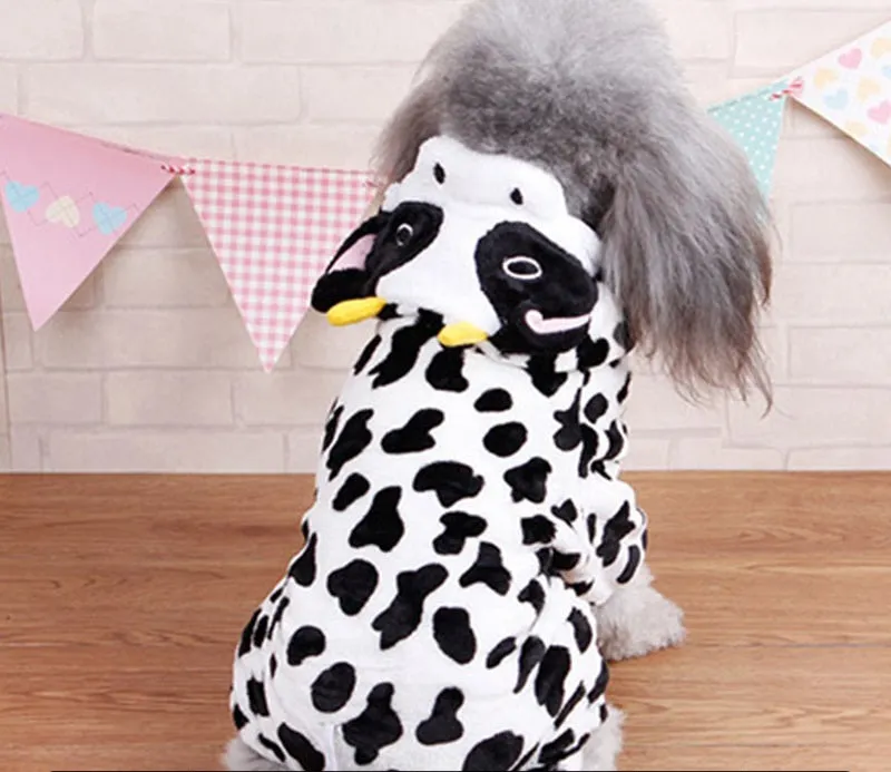 Coral fleece dog costume four-legged cartoon dinosaur style on a dog
