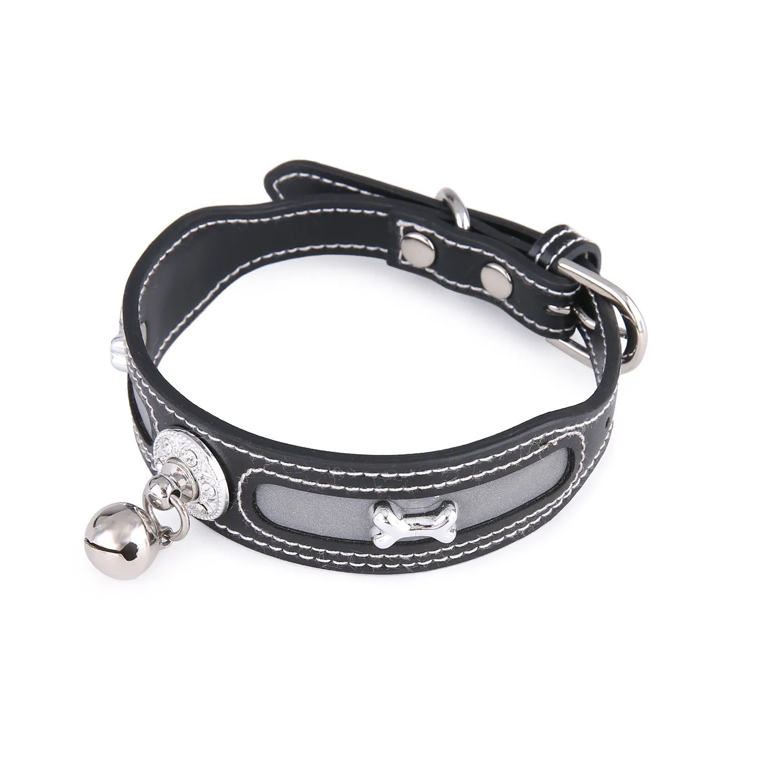 Reflective PU dog and cat collar in black with monochrome design