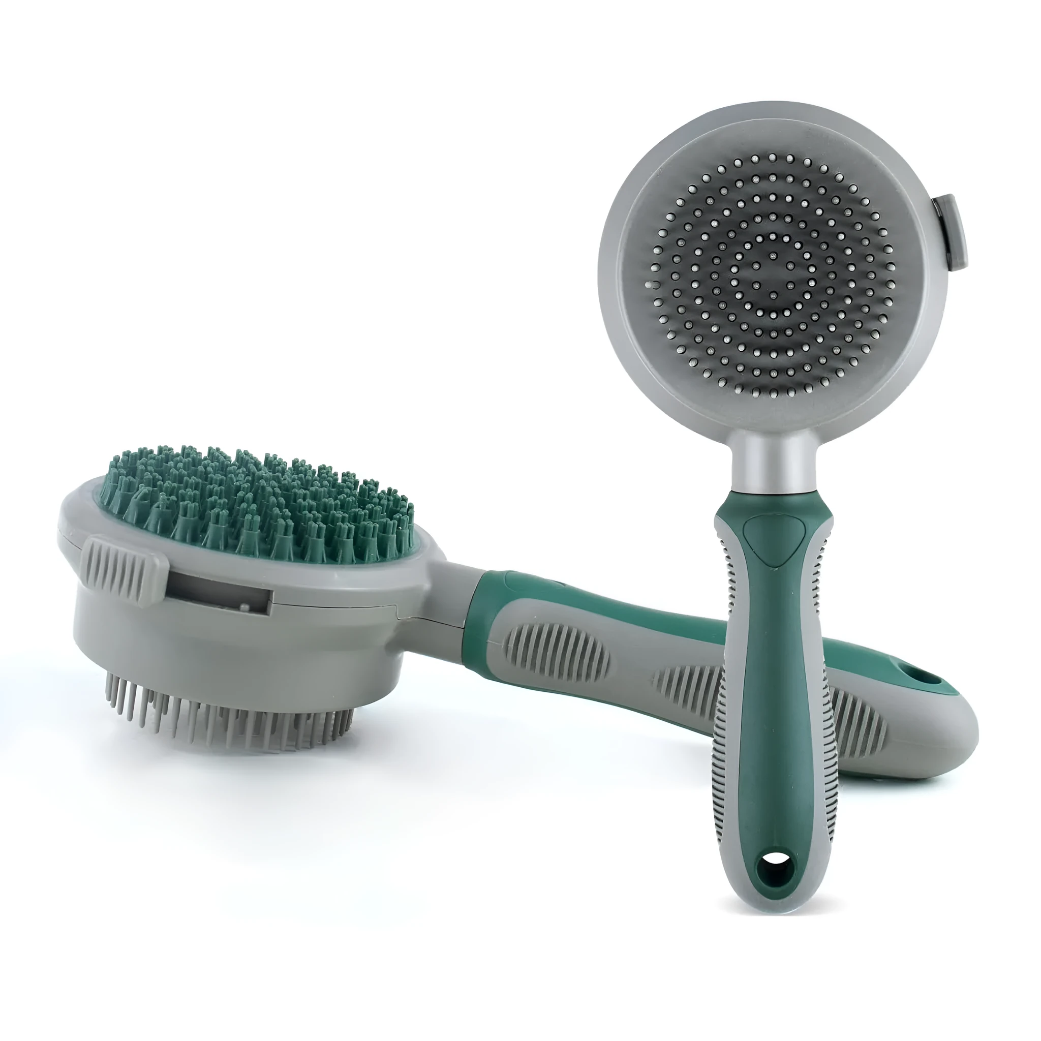 Green and pink 2-in-1 silicone cat hair brush with retractable slicker and massage pins for pet grooming