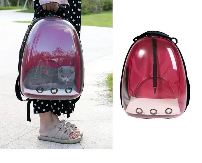 Transparent plastic pet backpack in solid colour with pet inside, available in yellow red green blue and more shades