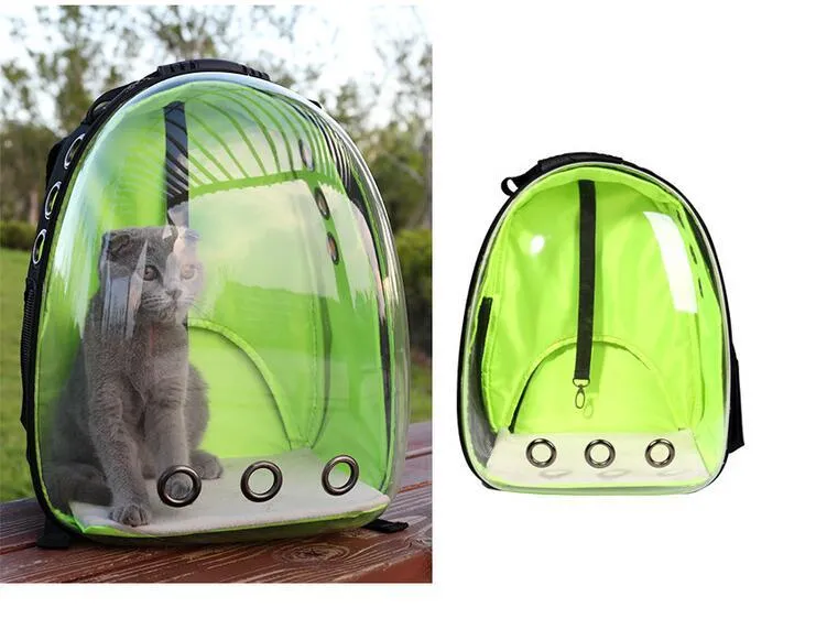 Transparent plastic pet backpack in solid colour with pet inside, available in yellow red green blue and more shades