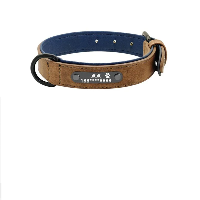 Custom dog collar made of microfiber leather and genuine leather with lettering, available in multiple sizes and colours, with optional tow rope