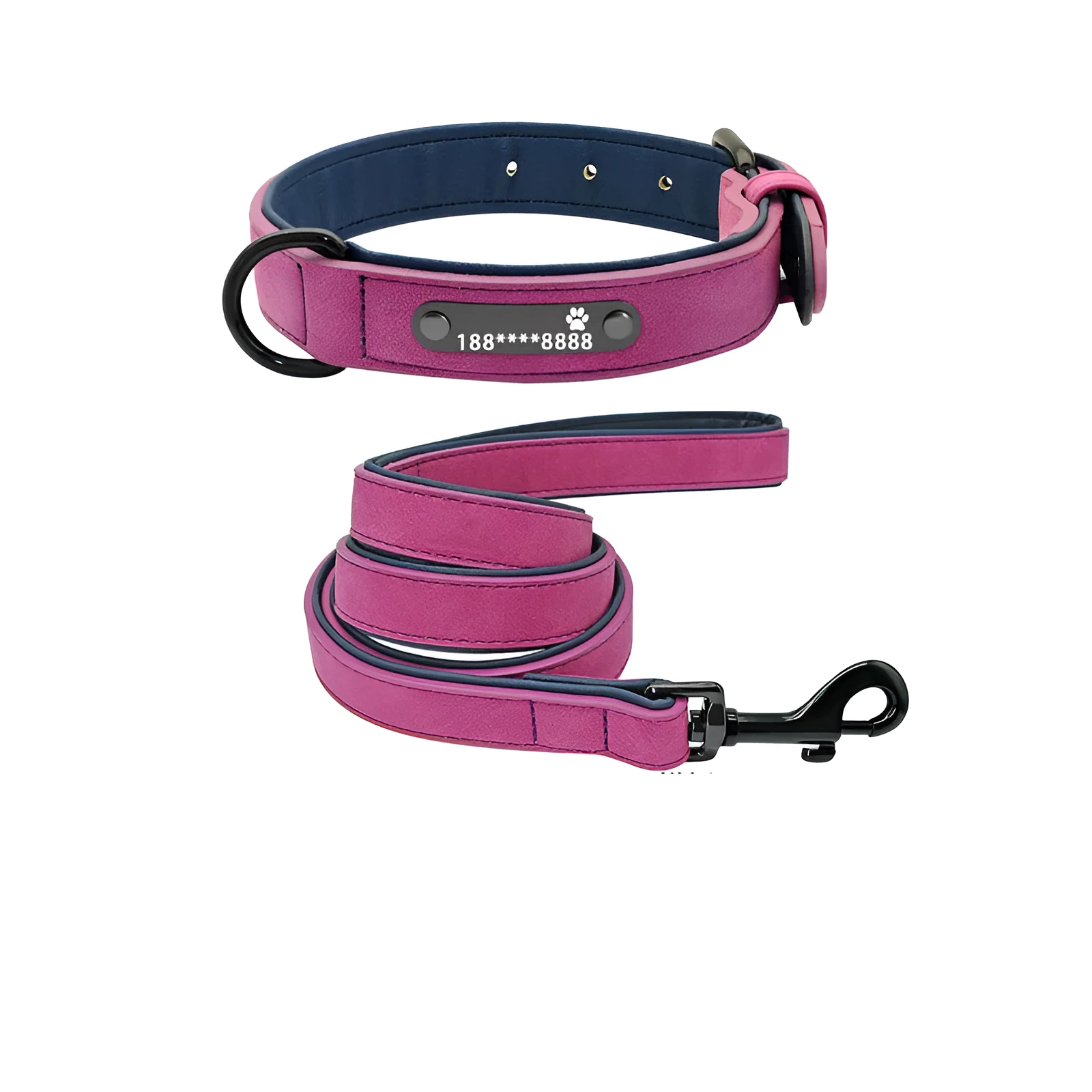 Custom dog collar made of microfiber leather and genuine leather with lettering, available in multiple sizes and colours, with optional tow rope