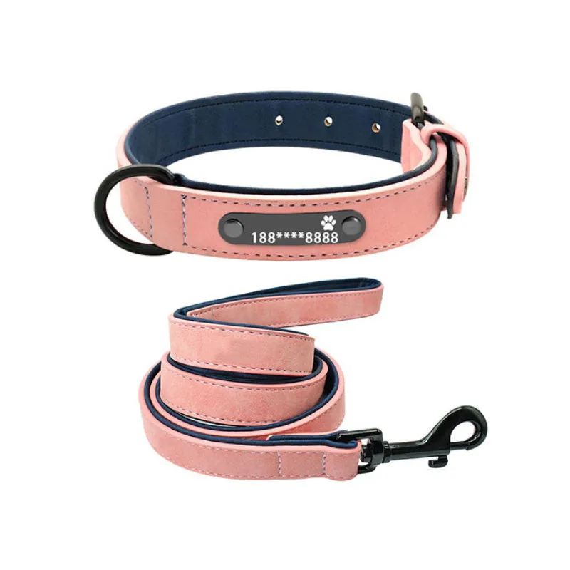 Custom dog collar made of microfiber leather and genuine leather with lettering, available in multiple sizes and colours, with optional tow rope