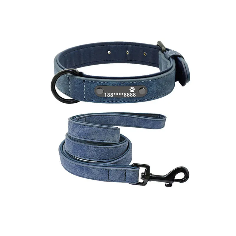 Custom dog collar made of microfiber leather and genuine leather with lettering, available in multiple sizes and colours, with optional tow rope
