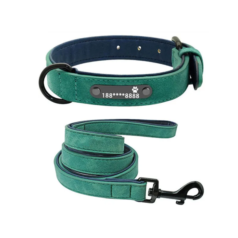 Custom dog collar made of microfiber leather and genuine leather with lettering, available in multiple sizes and colours, with optional tow rope