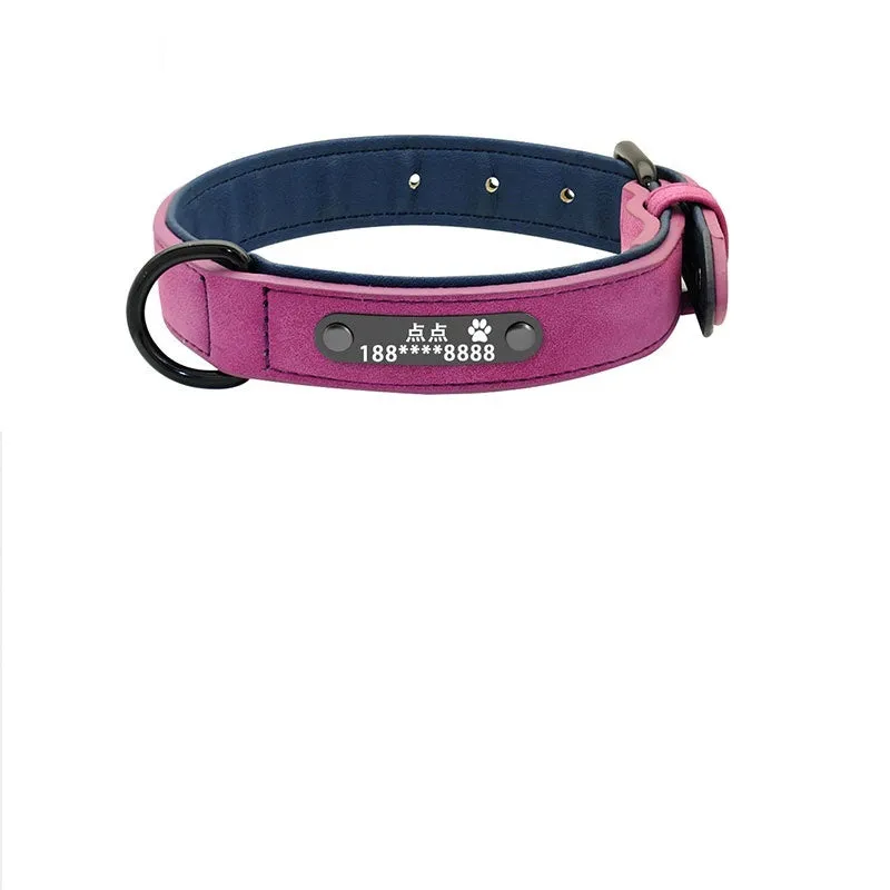 Custom dog collar made of microfiber leather and genuine leather with lettering, available in multiple sizes and colours, with optional tow rope