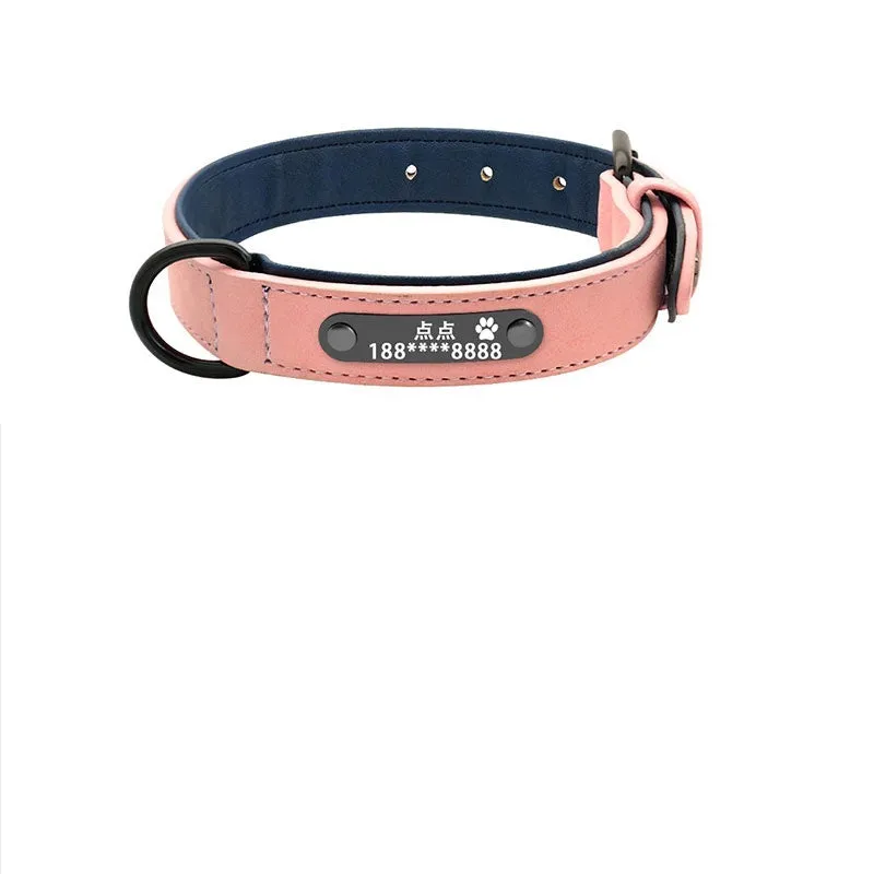 Custom dog collar made of microfiber leather and genuine leather with lettering, available in multiple sizes and colours, with optional tow rope