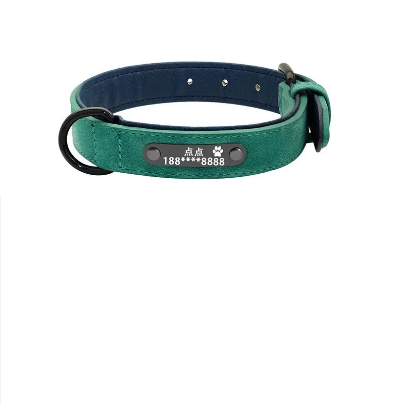 Custom dog collar made of microfiber leather and genuine leather with lettering, available in multiple sizes and colours, with optional tow rope