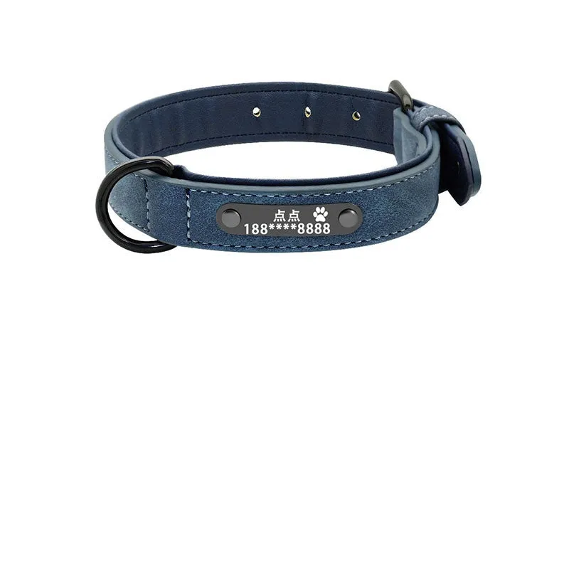 Custom dog collar made of microfiber leather and genuine leather with lettering, available in multiple sizes and colours, with optional tow rope
