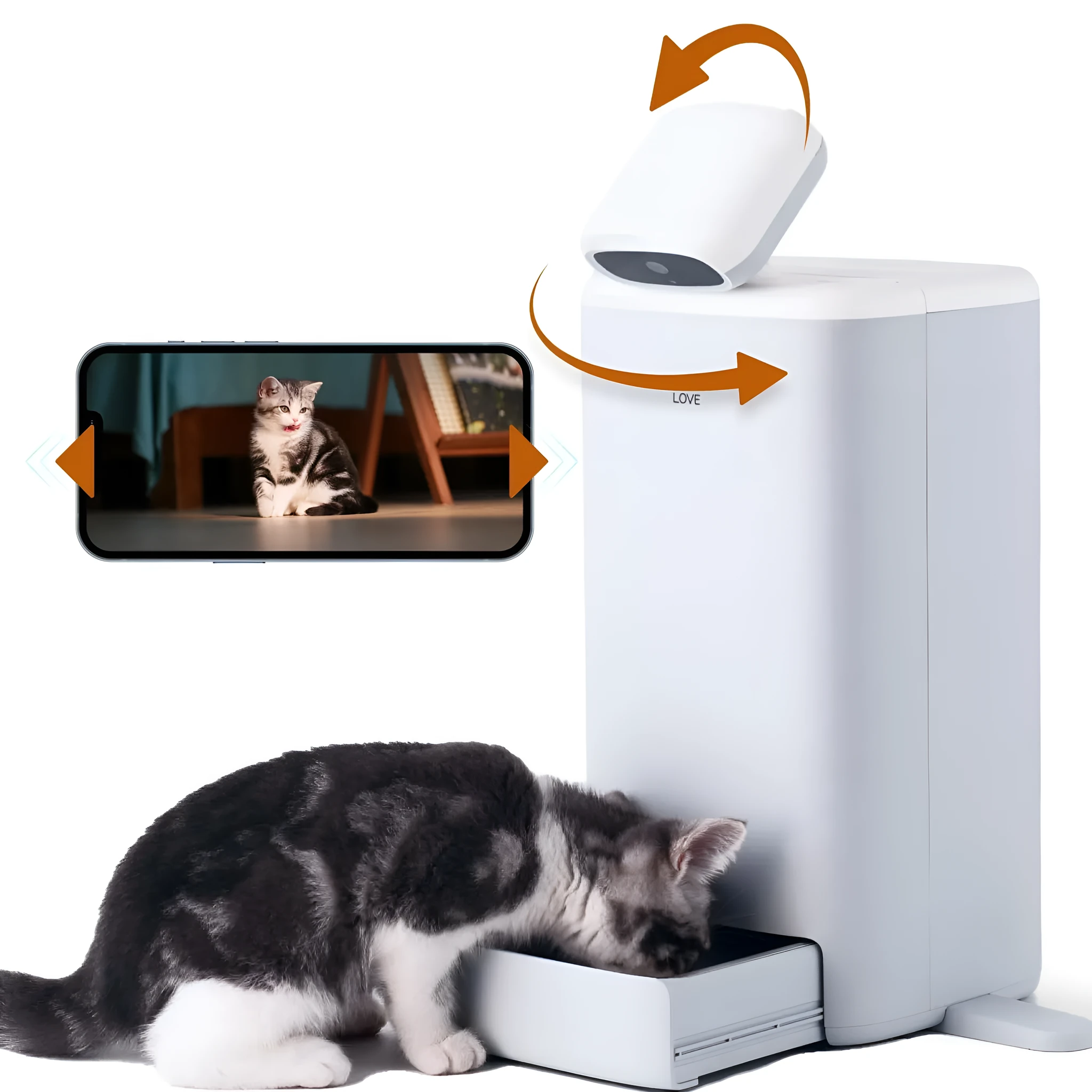 White automatic cat feeder with 1080P HD camera, portion control, and laser pointer for interactive play